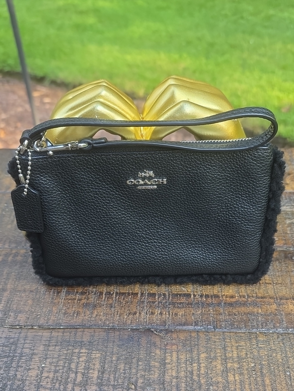 Coach Black Pebbled Leather Wristlet with Shearling Trim
